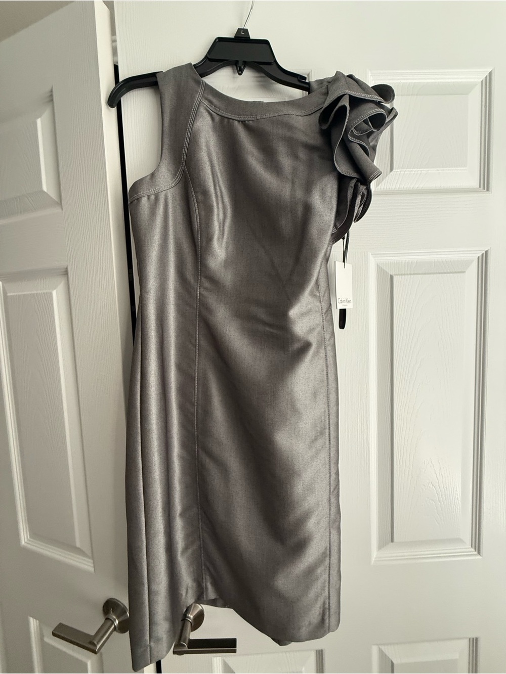 Calvin Klein Silver One-Shoulder Cocktail Dress with Ruffle Accent